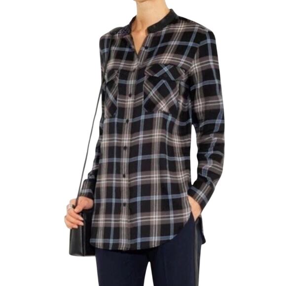 Vince Tops - Vince Black Blue Gray Plaid Button-Up Shirt Genuine Leather Band Collar size 4